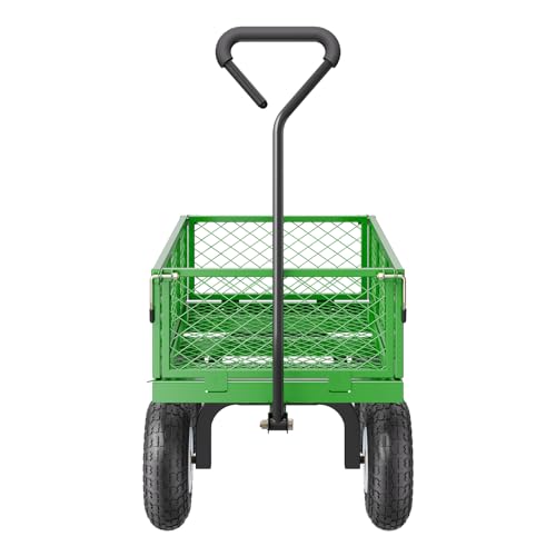VEVOR 680 Lbs Steel Garden Cart on Wheels, Heavy Duty Garden Wagon Cart Pullable, Metal Outdoor Utility Yard Wagon Carts with 10" Tires, Mesh Removable Sides and 180°Rotating Handle - color: Black+green