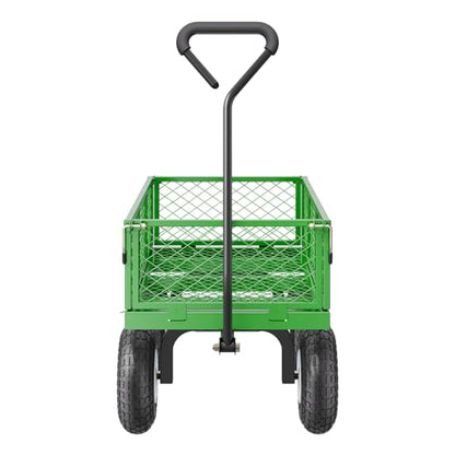 VEVOR 680 Lbs Steel Garden Cart on Wheels, Heavy Duty Garden Wagon Cart Pullable, Metal Outdoor Utility Yard Wagon Carts with 10" Tires, Mesh Removable Sides and 180°Rotating Handle - color: Black+green
