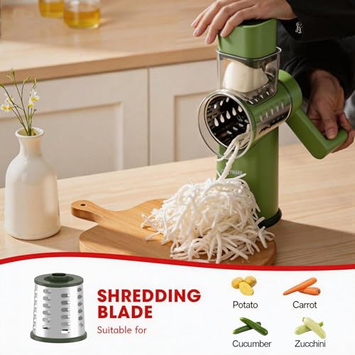 Rotary Cheese Grater Hand Crank with Foldable Handle, Three Blades - color: Green