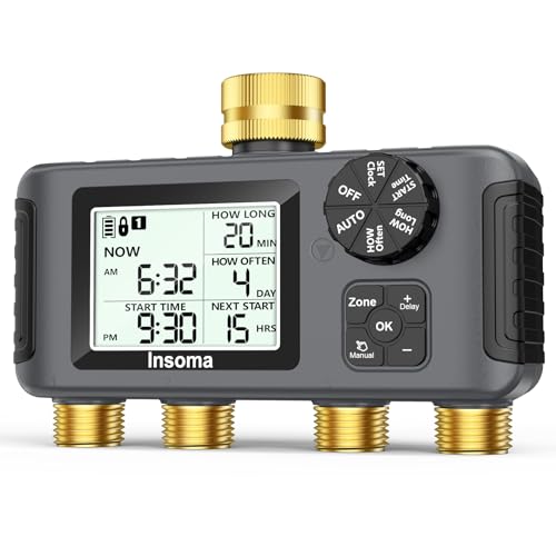 Insoma 4 Zones Sprinkler Timer with Brass Inlet & Outlet, Water Timer for Garden Hose with Auto/Manual/Rain Delay Mode, Hose Timers for Irrigation Watering System for Yard, Lawn, Plant Watering - size: 4 Outlets