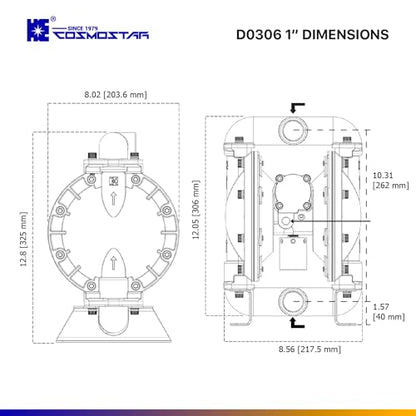 COSMOSTAR D0306 1" Stainless Steel Double Air Diaphragm Pump, Aluminum Body, Teflon Ball, seat and Diaphragm, Pump Muffler, Pump, Chemical Pump, Waste Oil Pump, Pneumatic Oil Pump, Diaphragm Pumps - size: D0306 1" Stainless Steel