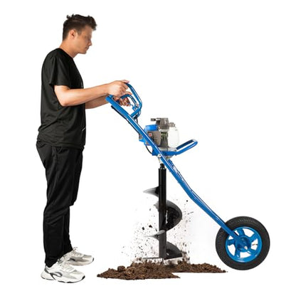 63CC 2-Stroke Hand Push Post Hole Digger with Wheel, 12" Auger Bit - color: 63CC, Blue