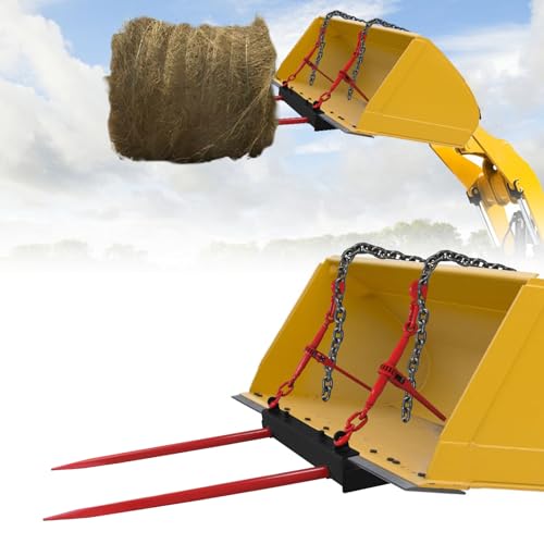 49" Dual Hay Bale Spear Attachment, 3000lbs Load Capacity Universal Front Skid Steer Tractor Loader Bucket, 2 Chains and Ratchet Binders Included