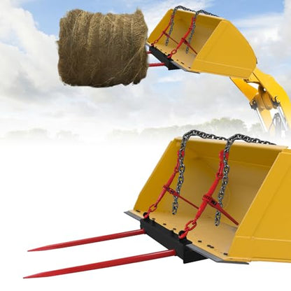 49" Dual Hay Bale Spear Attachment, 3000lbs Load Capacity Universal Front Skid Steer Tractor Loader Bucket, 2 Chains and Ratchet Binders Included