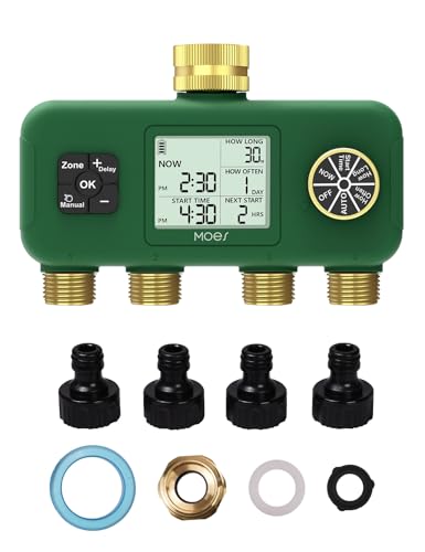 MOES 4 Zone Water Timer, Brass Fittings, Sequential Watering, No Wi-Fi - style: 4 Zones (4 Outlets)