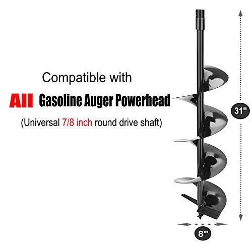 Earth Auger Drill Bit,7/8" Shaft & 31” Length Augers for Gasoline Earth and Ice Auger Power Heads (8 Inch, Black Post Hole Digger) - size: 8 Inch