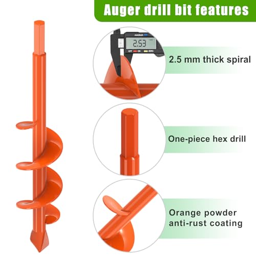 Insaga 1.6" x 9" Auger Drill Bit for Planting, 2.5mm Thick Spiral Earth Drill Garden Auger for Post Hole Digger, Solid Steel Bright Orange Powder Coated, Fit 3/8'' Hex Drive for Bulb Flower Garden - size: 1.6'' x 9''