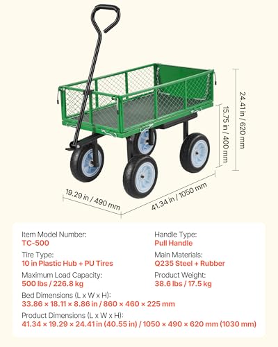 VEVOR 500 LBS Steel Garden Cart with Work Seat, Heavy Duty Garden Wagon Cart on Wheels, Outdoor Metal Utility Yard Wagon Gardening Stool with 10inch Flat Free Tires & Adjustable Handle, Green - color: Green