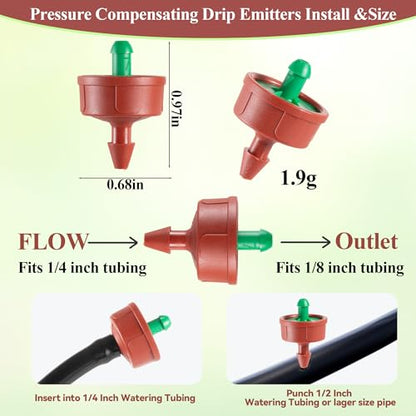 200Pcs 0.25 GPH Pressure Compensating Drippers for 1/4" Tubing - color: 0.25 GPH 200PCS