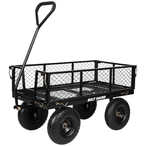 BILT HARD Heavy Duty 400 Lbs Capacity Mesh Steel Garden Cart, 4 Cu.Ft Heavy Duty Garden Cart with 180° Rotating Handle, Removable Sides, 10" All Terrain Wheels Capacity Utility Steel Wagons for Yard