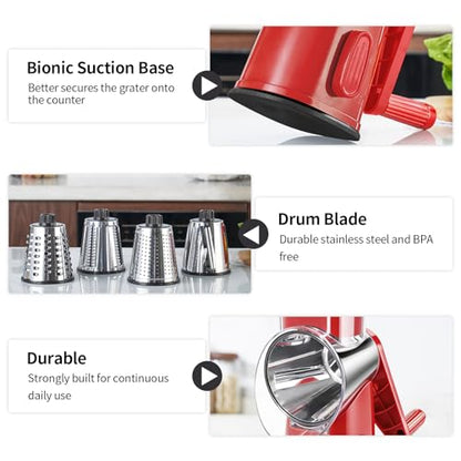 Weltonhm 4 in 1 Large Rotary Cheese Grater Hand Crank (red, 4 Graters) - color: Red, size: 4 Graters