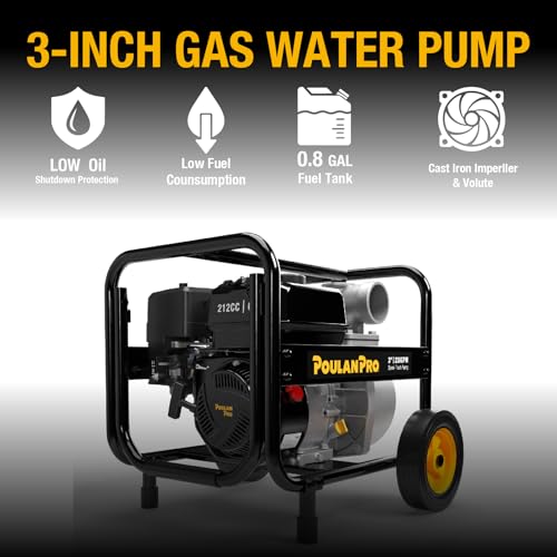 Poulan Pro Semi Trash Pump 3 Inch with Wheels,212cc 4-cycle Engine,238GPM - size: 3 inch with wheels