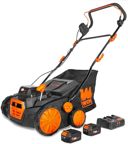 WEN 20V Max Cordless 15-Inch 2-in-1 Brushless Electric Dethatcher and Scarifier with Collection Bag, Two 4.0 Ah Batteries, and Dual-Port Charger (20716) - size: 15-Inch, Cordless