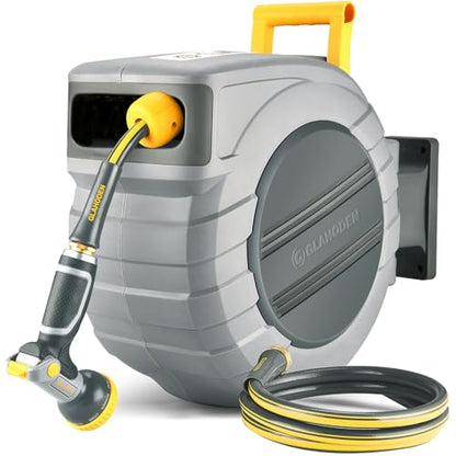 GLAHODEN Retractable Garden Hose Reel 1/2 in x 115 ft, 2025 Upgraded Dual Ratchet Lock UV & Freeze Protection Brass Seal Slow Retraction Anti-Tangle Hose 180°Swivel Reinforced Scaffold Wall Mount - color: Light Gray, size: 1/2" 115FT