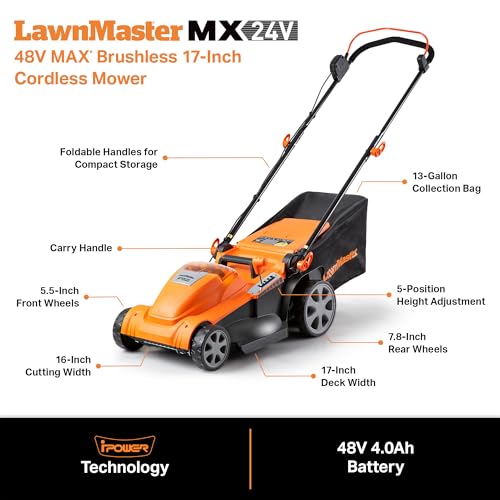 LawnMaster 48V MAX 17-inch Brushless Cordless Lawn Mower, CLMF4817E - color: 17-Inch