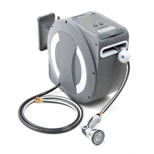 Betta EaseReel Battery-Powered Wall-Mounted Retractable Hose Reel, with Quick-Access Dual Hose Length Control, 8 Spray Patterns Nozzle, Automatic Roll-Up & Tangle-Free Hose Guide (1/2'', 100FT/30m) - size: 1/2'' - 100FT (30m)