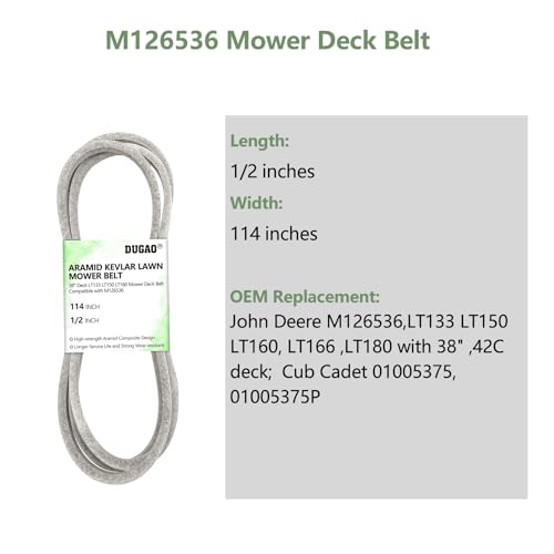 M126536 Mower Deck Belt Replace for John Deere LT155 LT133 LT150 - size: 1/2x114IN