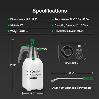 VIVOSUN 2L Pump Sprayer, 68oz Water Spray Bottle with Safety Valve - size: 68 ounce