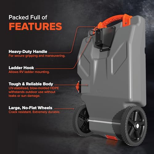 Camco Rhino 28-Gallon Camper/RV Tote Tank - Features Large Heavy-Duty No-Flat Wheels & Built-in Gate Valve - Removable Steel Tow Adapter, 3’ Sewer Hose & More RV Accessories (39004) - size: 28 Gallon, style: Heavy Duty (2 Wheel)
