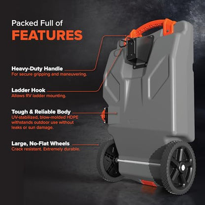 Camco Rhino 28-Gallon Camper/RV Tote Tank - Features Large Heavy-Duty No-Flat Wheels & Built-in Gate Valve - Removable Steel Tow Adapter, 3’ Sewer Hose & More RV Accessories (39004) - size: 28 Gallon, style: Heavy Duty (2 Wheel)