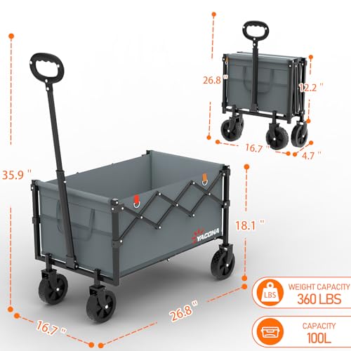 Yozoia Wagons Carts Foldable,Utility Beach Grocery Wagon with Wheels,Grey - color: Gray, size: 100L
