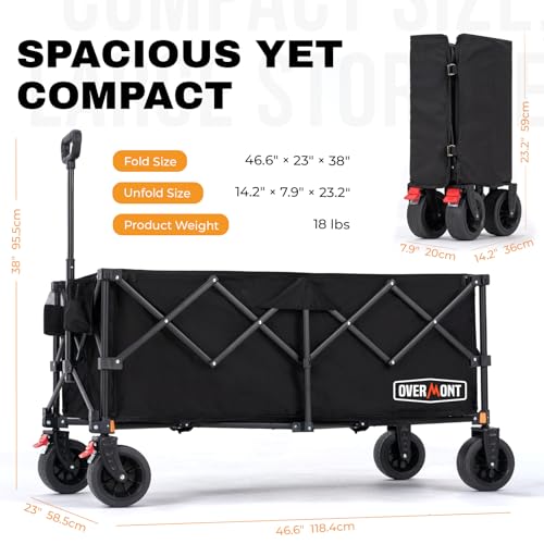 Overmont 46.6" L Extended Collapsible Wagon - 440LBS with All-Terrain Wheel - color: Black, size: 440LBS