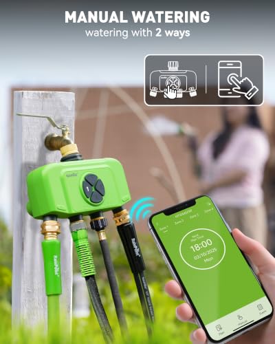 RAINPOINT WiFi Smart Sprinkler Timer, Outdoor Garden Hose Water Timer with Solid Brass Inlet & Outlet, Custom Irrigation Programs via App, Voice Control, Green