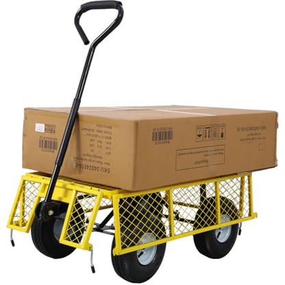Steel Garden Cart, 550 lbs Capacity Heavy Duty Garden Wagons with Removable Steel Mesh, Sides to Convert Into Flatbed, Folding Utility Heavy Duty Wagons Carts for Yard, Garden, Farm,Yellow
