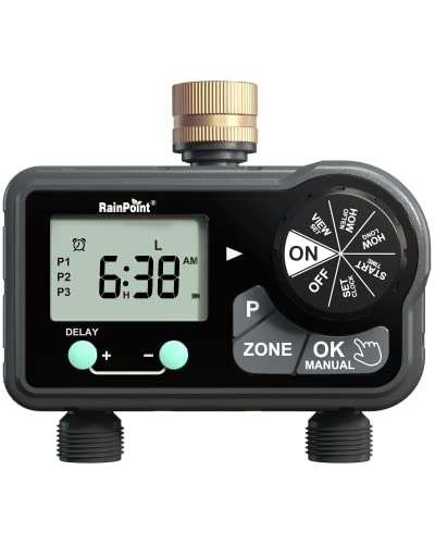 RAINPOINT Brass Sprinkler Timer 2 Stations, Large Digital Water Timer for Garden Hose with 6 Programmable Procedure, with Delay/Manual/Auto Irrigation Mode for Week/Specific/Daily Watering