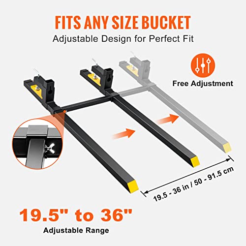 VEVOR Pallet Forks, 2000 lbs Clamp on, 60" Total Length | Heavy Duty, Adjustable Stabilizer Bar, For Tractor Attachments, For Skid Steer, For Loader Bucket