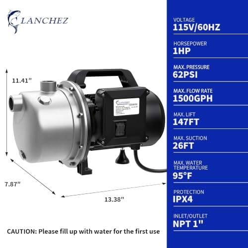 LANCHEZ 1 HP Shallow Well Pump, 1500 GPH Stainless Steel Garden Irrigation Pump, 115V Water Transfer Pump, Water Booster Jet Pump for Home Garden Lawn Farm, Jet black - color: Jet Black
