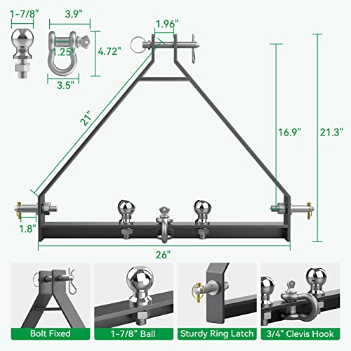 3 Point Trailer Hitch with 1-7/8“ Towing Balls for Category 1 Tractors