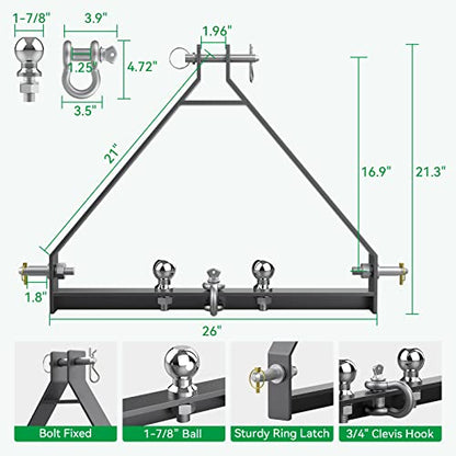3 Point Trailer Hitch with 1-7/8“ Towing Balls for Category 1 Tractors