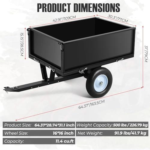 500 LBS ATV UTV Trailer, 11.4 Cubic Feet Heavy-Duty Steel Tow Behind Dump Cart with Removable Sides, Garden Pull Behind Steel Yard Wagon Dump Trailer for Tractor Lawn Mower, Black