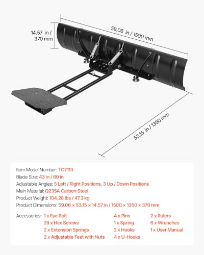 VEVOR Snow Plow Kit 43 in/60 in Width Adjustable Universal Plow Attachment - size: 43in-60in Adjustable