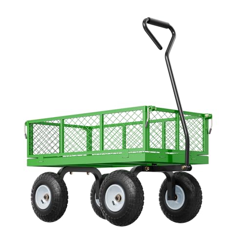 VEVOR 900 Lbs Steel Garden Cart on Wheels, Heavy Duty Pullable Garden Wagon Yard Cart, Outdoor Metal Utility Wagon with 10" Tires and Mesh Removable Sides(Convert to Flatbed), and 180°Rotating Handle - color: Black+green