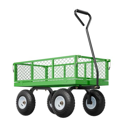 VEVOR 900 Lbs Steel Garden Cart on Wheels, Heavy Duty Pullable Garden Wagon Yard Cart, Outdoor Metal Utility Wagon with 10" Tires and Mesh Removable Sides(Convert to Flatbed), and 180°Rotating Handle - color: Black+green