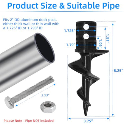 Dock Auger for 2" OD Pipe w/ 1.725" ID or 1.790" ID, Dock Sand Auger for PVC Tubing Sandbar Anchor or Aluminum Dock Post Pole,Stationary/Floating Dock Auger Anchors for Mud,Sand,Lake,Clay,River Bottom - style: 4 Pack Dock Post Augers