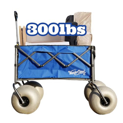 Beach Wagon with 13" Balloon Wheels - Extended Tailgate for Extra Space & Easy Access - 300 lb Heavy Duty Folding Cart with Big Wheels for Sand (Blue)