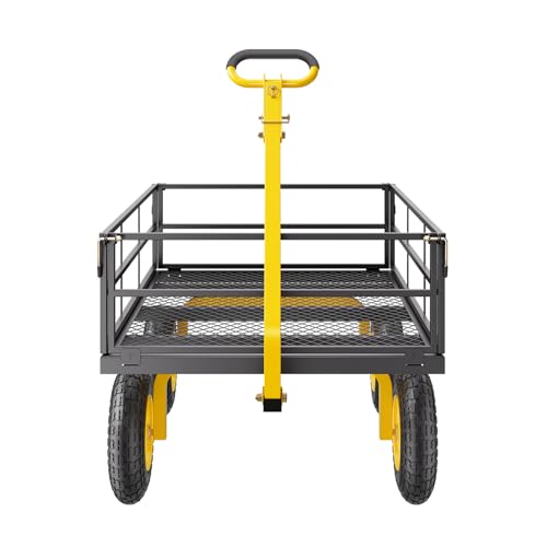 VEVOR 1200 Lbs Steel Garden Cart, Heavy Duty Pullable Garden Wagon Yard Cart, 2 in 1 Outdoor Metal Utility Wagon Yard Trailer with 13" All Terrain Tires, Mesh Removable Sides and 180°Rotating Handle - color: Black+yellow