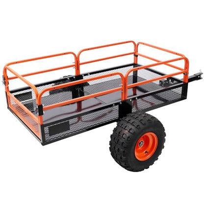 Heavy-Duty Tow-Behind Dump Cart 1500 Lbs Capacity Steel Bed ATV UTV Lawn Mower Tractor Trailer - 18x8.5 Tires, Removable Rails, 82.5" L Hauling Garden Farm, Orange