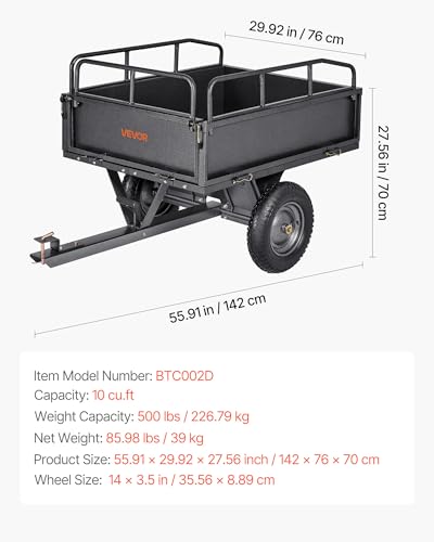VEVOR 10 Cu.Ft. & 500lbs ATV Trailer Dump Cart Tow Behind, Heavy Duty Utility UTV Trailer, Tow Behind Steel Yard Dump Wagon Cart with 14" Tires for Lawn Mower Tractor - color: Black