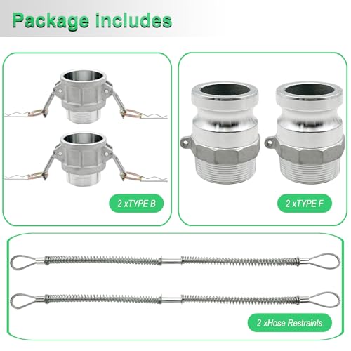 SAFBY 2PCS Type B, Type F, Aluminum Cam Lock Fittings Cam Groove Fitting Camlock Fittings, Male and Female Adapter Male NPT Thread with Whip Stop Hose Restraint - size: 2 inch B+F