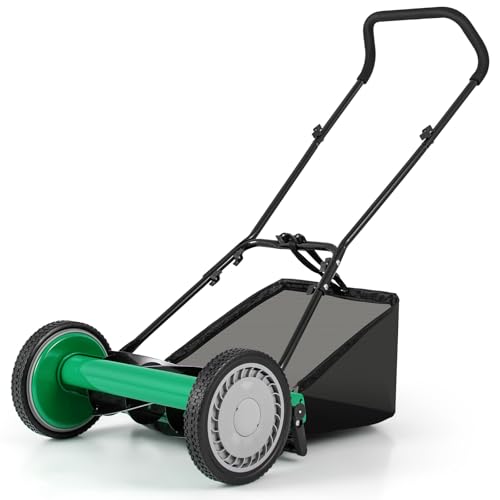 16" Manual Rear Mower, Push Lawn Mower with 5 Steel Blades, Adjustable Cutting Heights & Grass Catcher Bag, Walk-Behind Grass Cutter Lawn Sweeper for Garden, Park & Yard (Green) - color: Green, size: 16"
