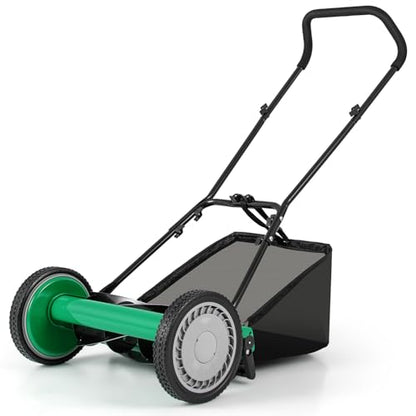 16" Manual Rear Mower, Push Lawn Mower with 5 Steel Blades, Adjustable Cutting Heights & Grass Catcher Bag, Walk-Behind Grass Cutter Lawn Sweeper for Garden, Park & Yard (Green) - color: Green, size: 16"