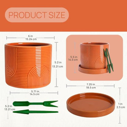6 Inch Ceramic Plant Pot with Drainage Hole & Tray – Terracotta - color: Terracotta