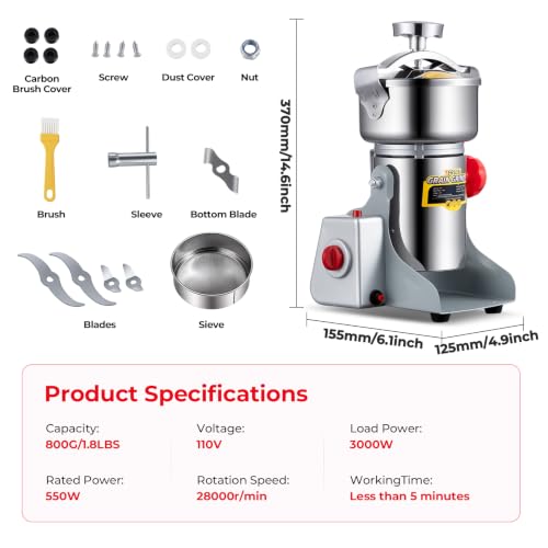 Grain Mill Grinder, 800g Electric Grain Mill for Flour, 3000W High-speed Wheat Grinder with Bottle-Cap Style Sealing Lid, 110V Commercial Powder Grinder for Dry Spice Bean Grains Coffee Pepper - size: 800G