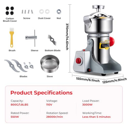 Grain Mill Grinder, 800g Electric Grain Mill for Flour, 3000W High-speed Wheat Grinder with Bottle-Cap Style Sealing Lid, 110V Commercial Powder Grinder for Dry Spice Bean Grains Coffee Pepper - size: 800G