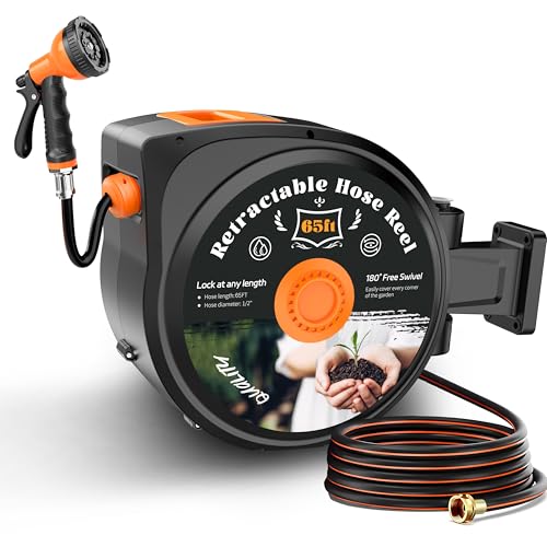 Retractable Garden Hose Reel, 65 ft x 1/2", Wall Mounted, 10-Pattern Nozzle - size: 65FT