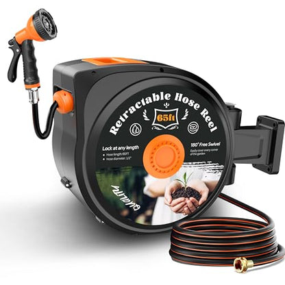 Retractable Garden Hose Reel, 65 ft x 1/2", Wall Mounted, 10-Pattern Nozzle - size: 65FT